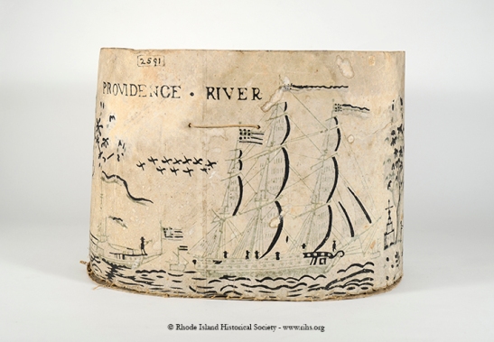 Bandbox with "Providence River" block printed paper, early 19th century. RIHS Museum Collection